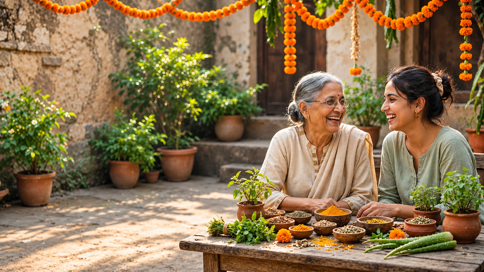 Elderly Indian woman and young woman laughing together in a traditional courtyard, surrounded by marigold garlands, potted herbs, and bowls of natural Ayurvedic ingredients on a rustic wooden table.
